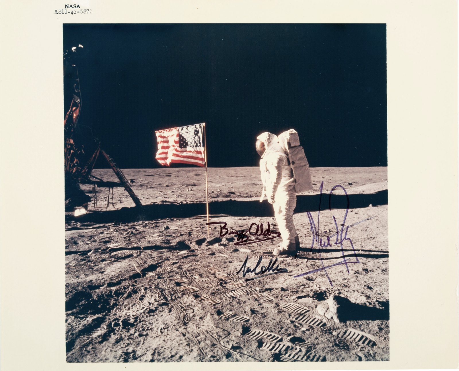 Apollo 11 Crew-Signed Vintage NASA Buzz Aldrin on Lunar Surface with American Flag Color Photo