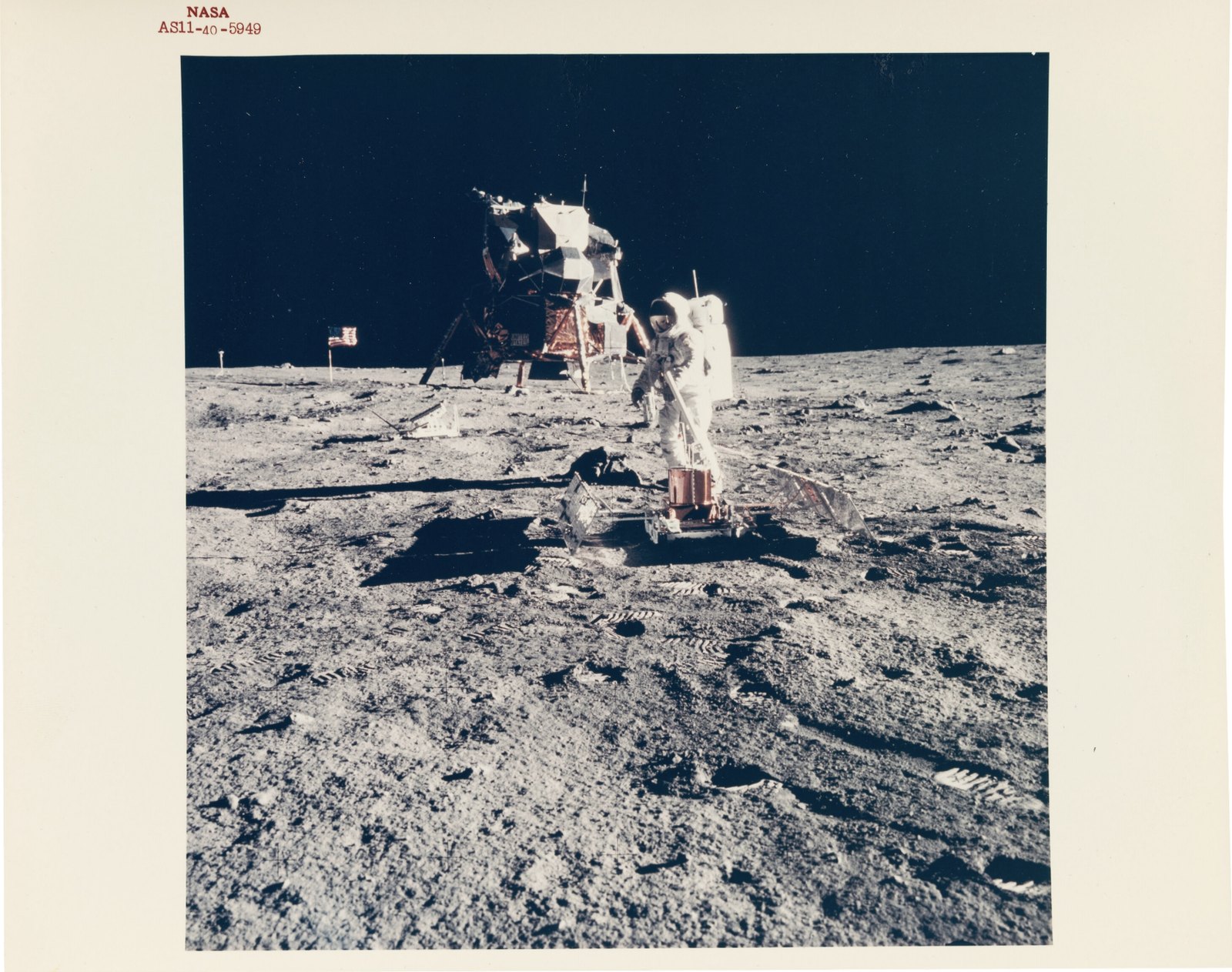 Apollo 11 Vintage NASA Red Number Color Photo, Image AS11-40-5949: Aldrin at Experiment Site