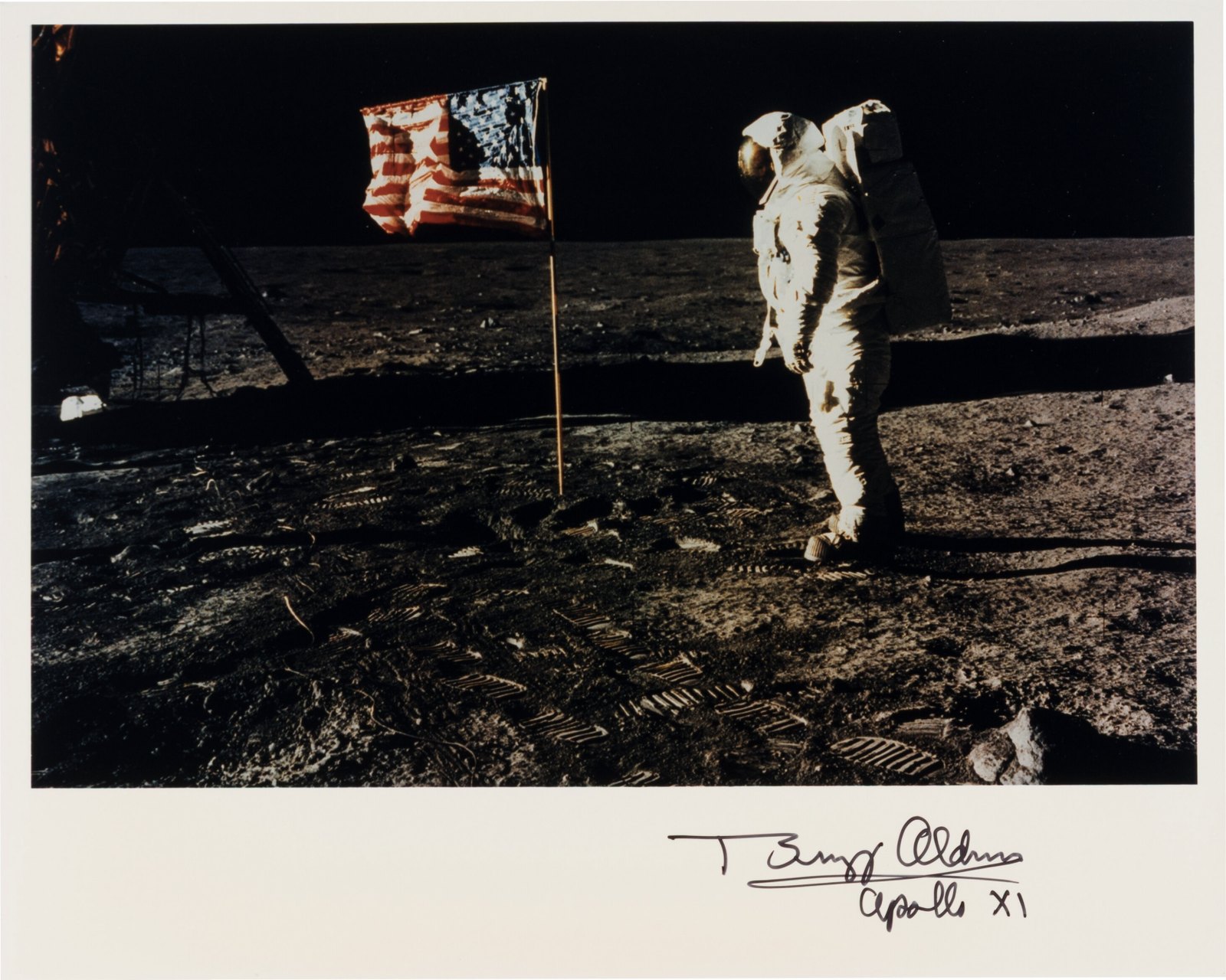 Buzz Aldrin Signed Apollo 11 Lunar Surface American Flag Photo