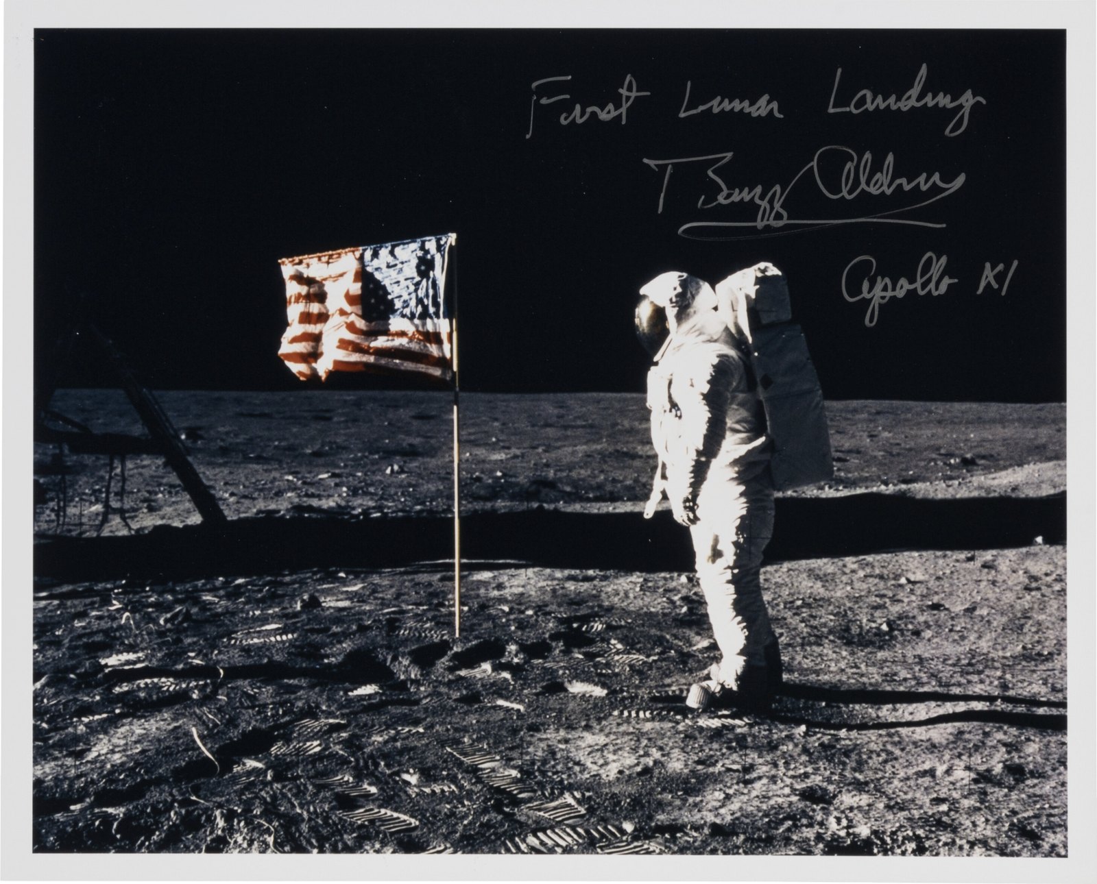 Buzz Aldrin Signed Apollo 11 Lunar Surface American Flag Photo