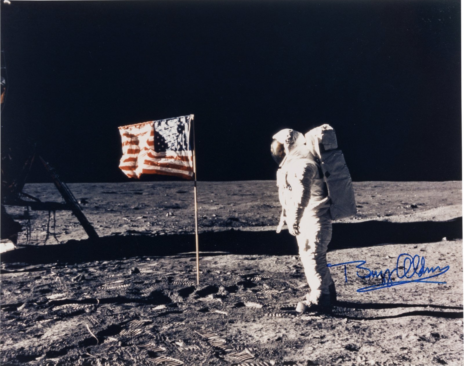 Buzz Aldrin Signed Large Apollo 11 Lunar Surface American Flag Color Photo Originally from His Personal Collection, with Certificate of Authenticity
