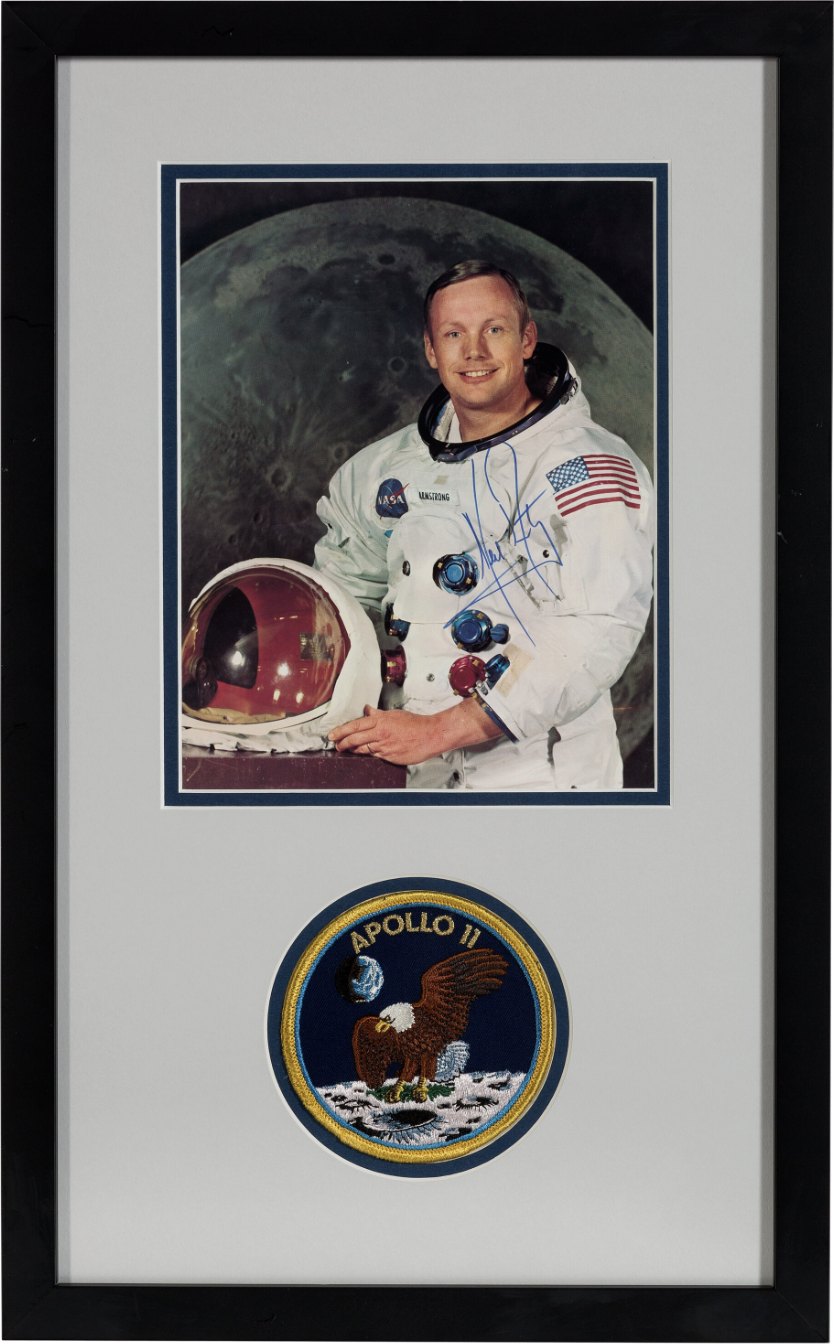 Neil Armstrong Signed, Uninscribed White Spacesuit Color Photo Matted and Framed with an Embroidered Apollo 11 Mission Insignia Patch
