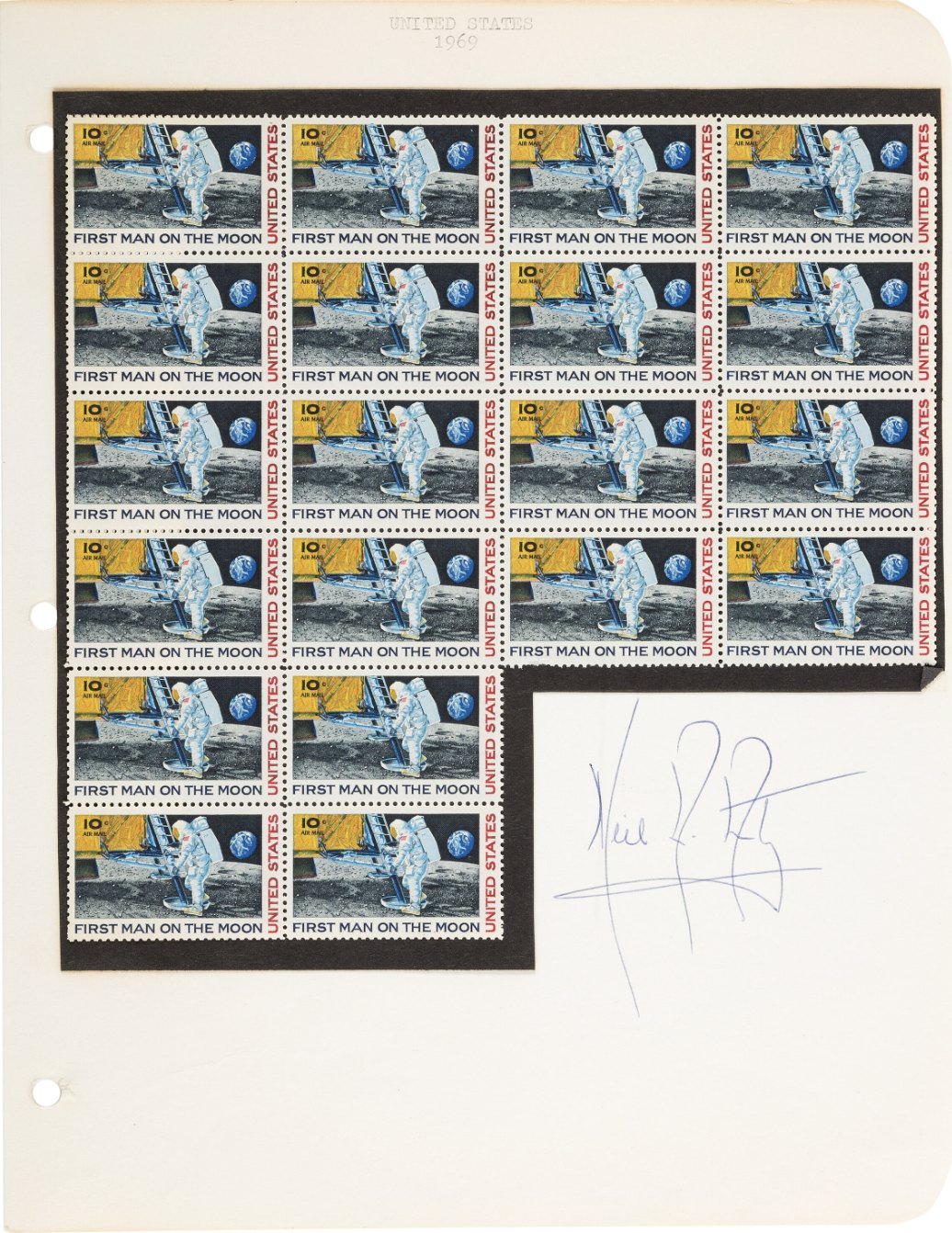 Neil Armstrong Signature on Stamp Album Page with Attached Partial Sheet of First Man On The Moon Stamps