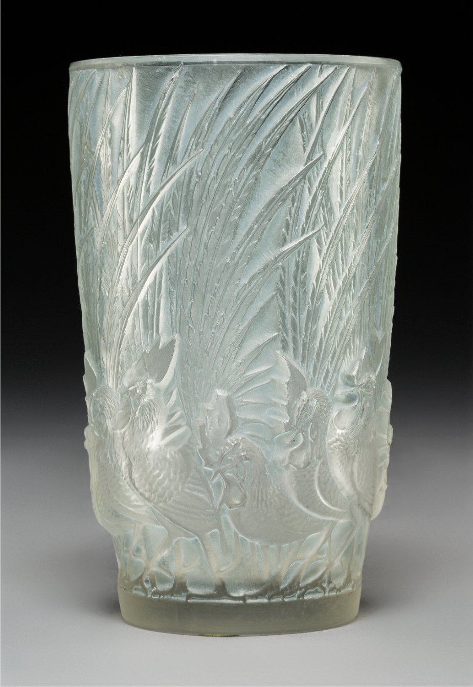 R. Lalique Coq et Plumes Frosted Glass Vase with Blue Patina